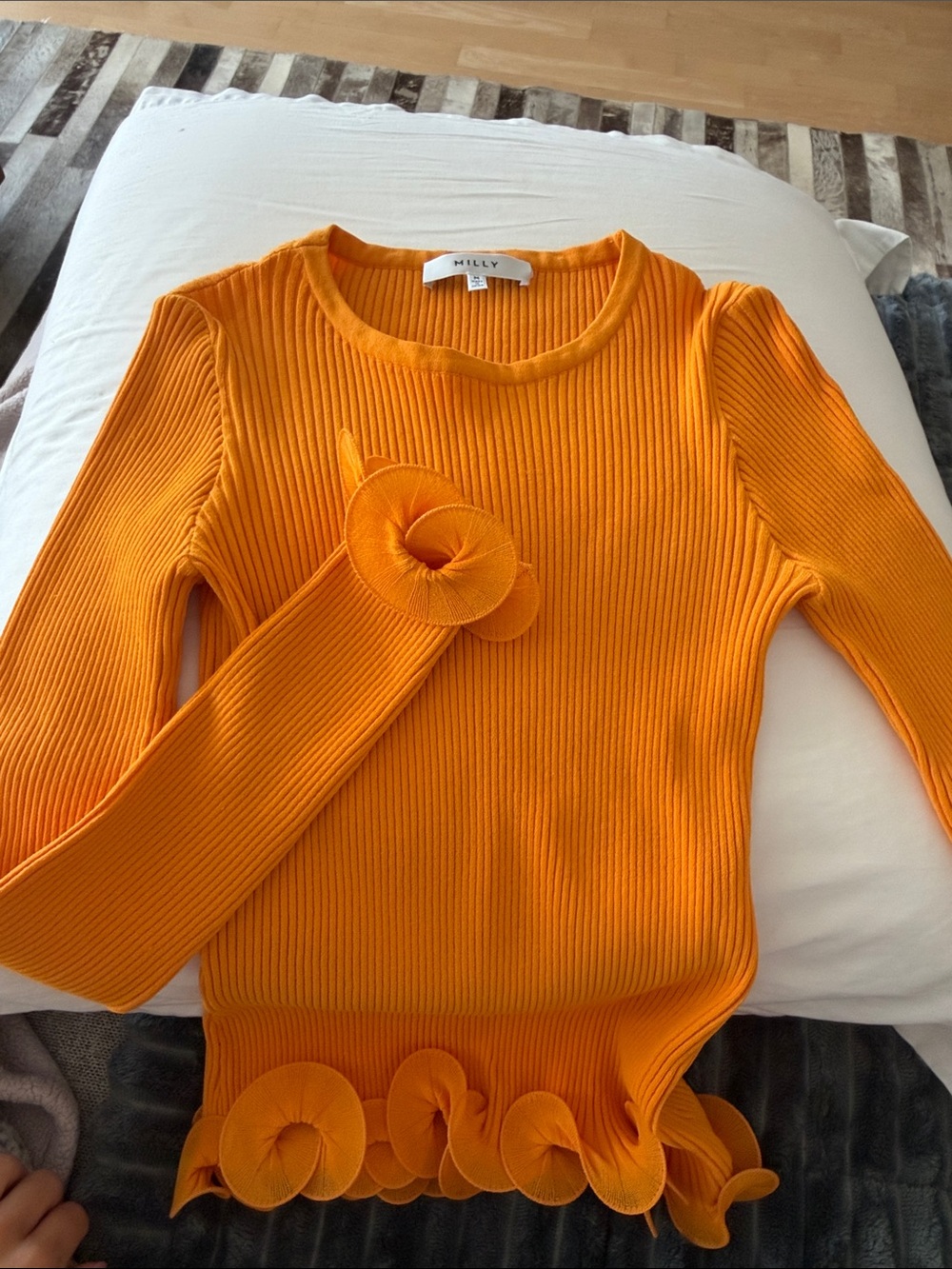 Milly Vibrant Orange Ribbed Scoop-Neck Sweater with Rosette Accents
